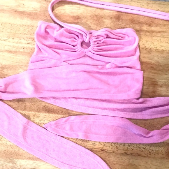 Cute Pink Terry Cloth Tie Back Cut Out Halter Top Boobtube - Picture 3 of 5